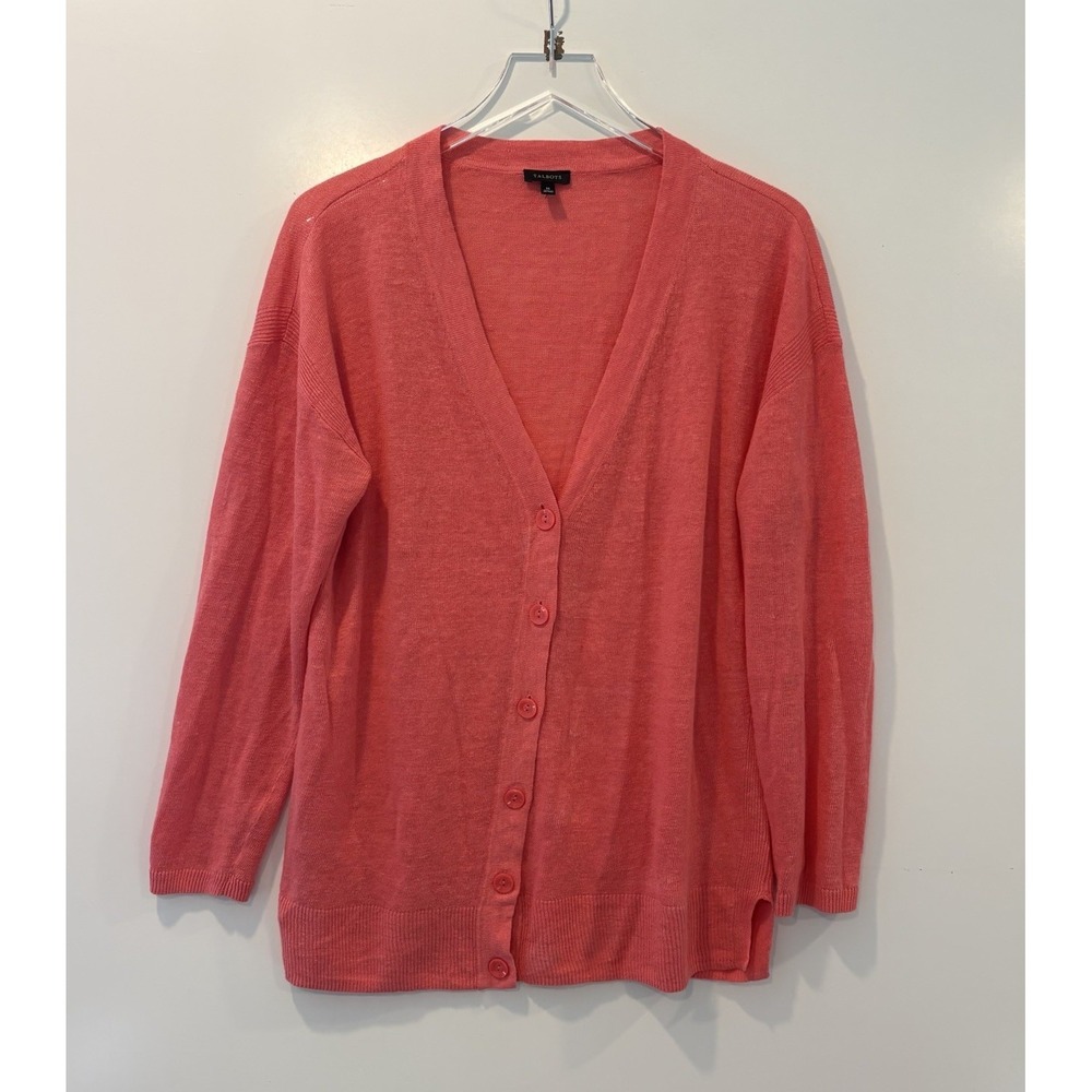 Talbots Womens Medium Coral Pink 100% Linen V-Neck Button Front Cardigan Sweater